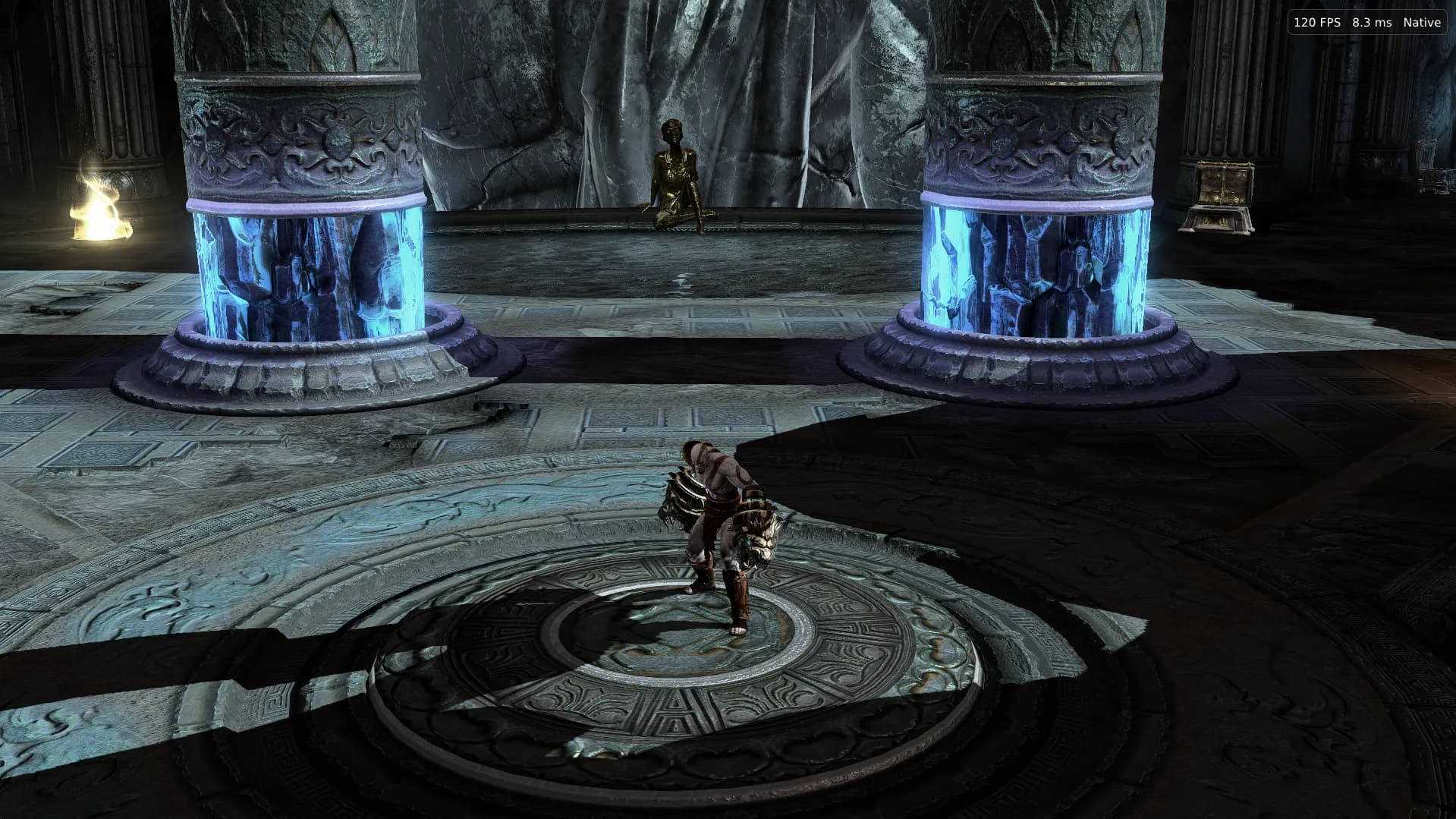 Kratos with the Nemean Cestus between ice pillars