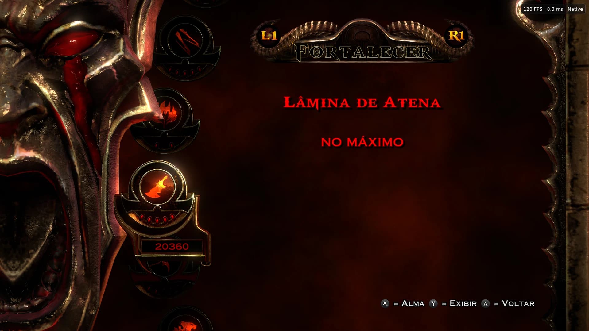 Upgrade menu for the Blades of Athena with the X, Y and A prompts in Nintendo style