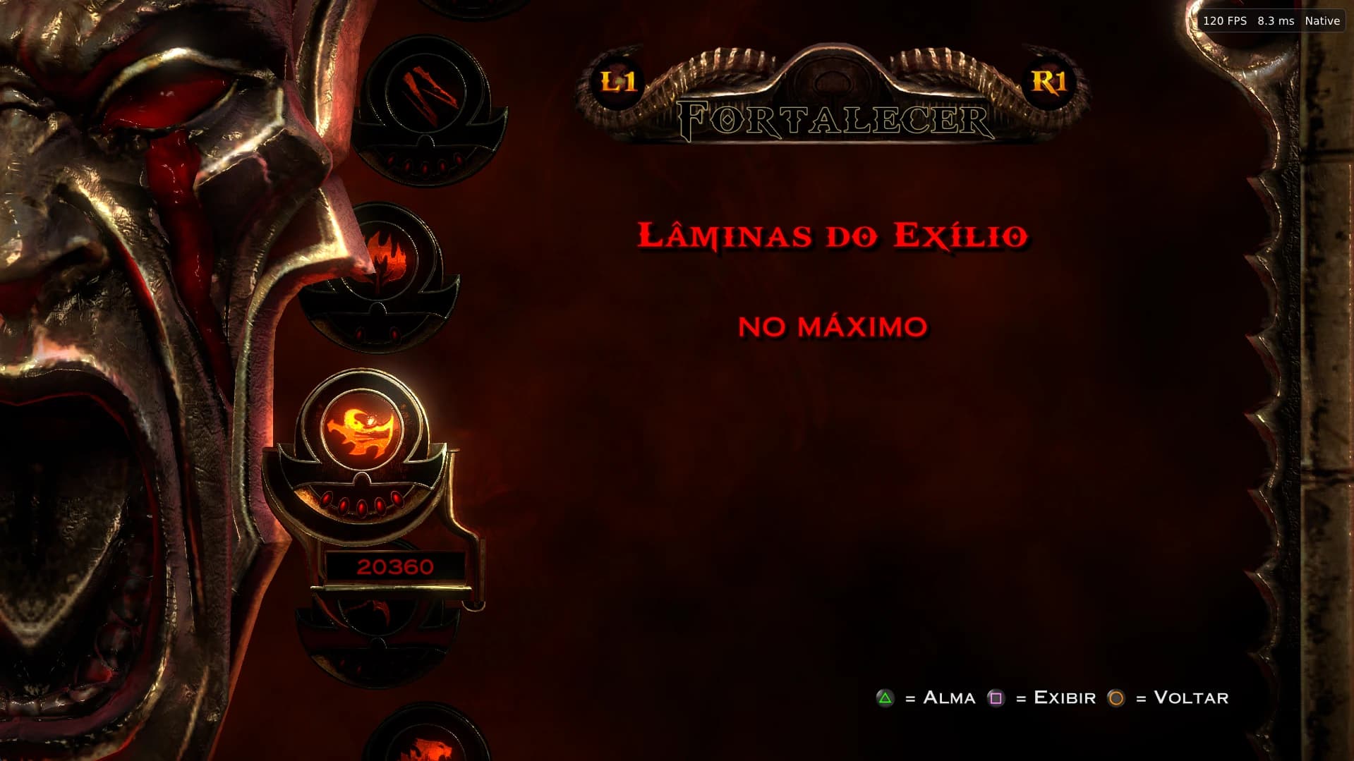 Upgrade menu for the Blades of Exile with the PlayStation triangle, square and circle prompts