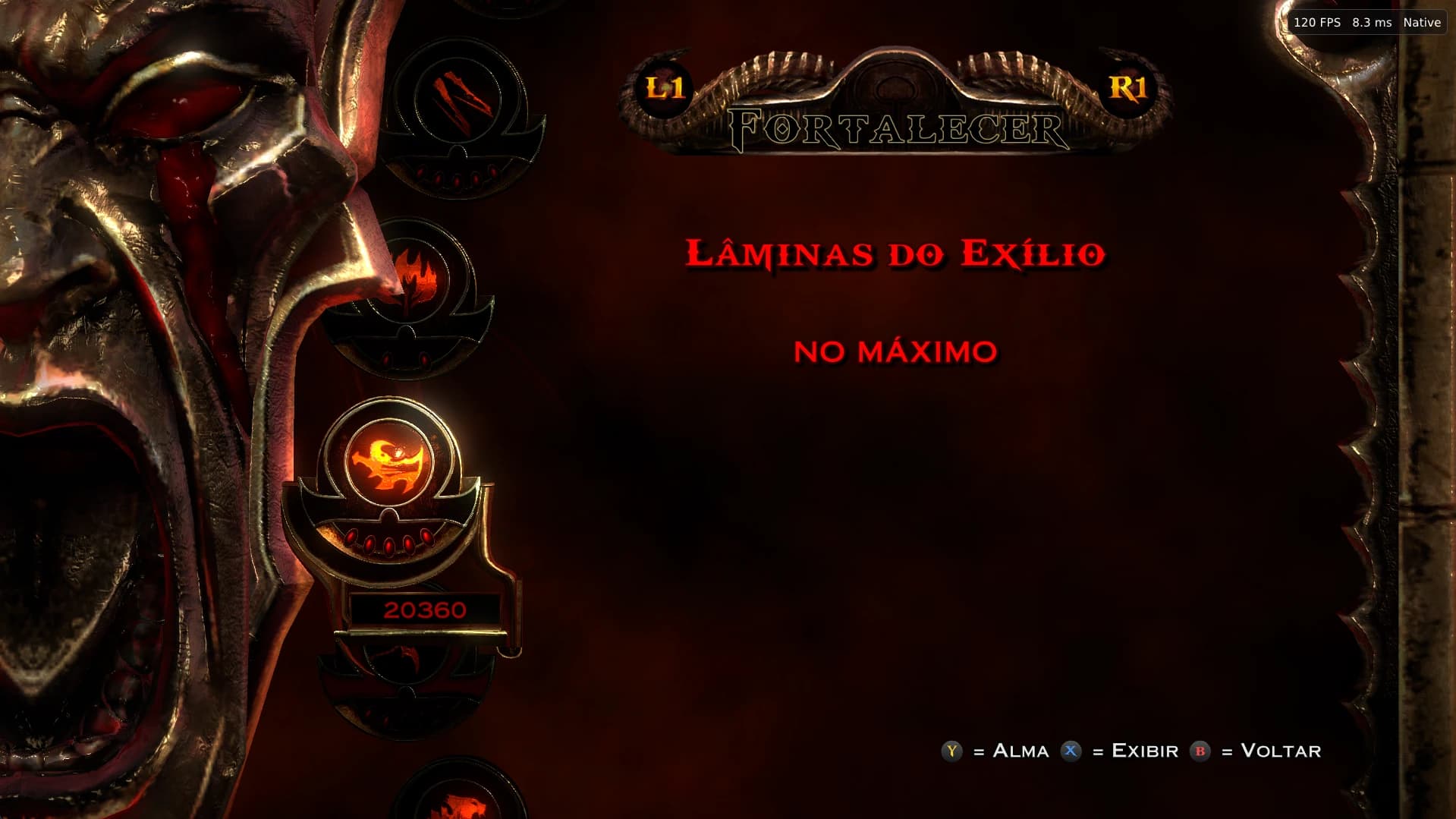 Upgrade menu for the Blades of Exile with the Y, X and B prompts in Xbox style