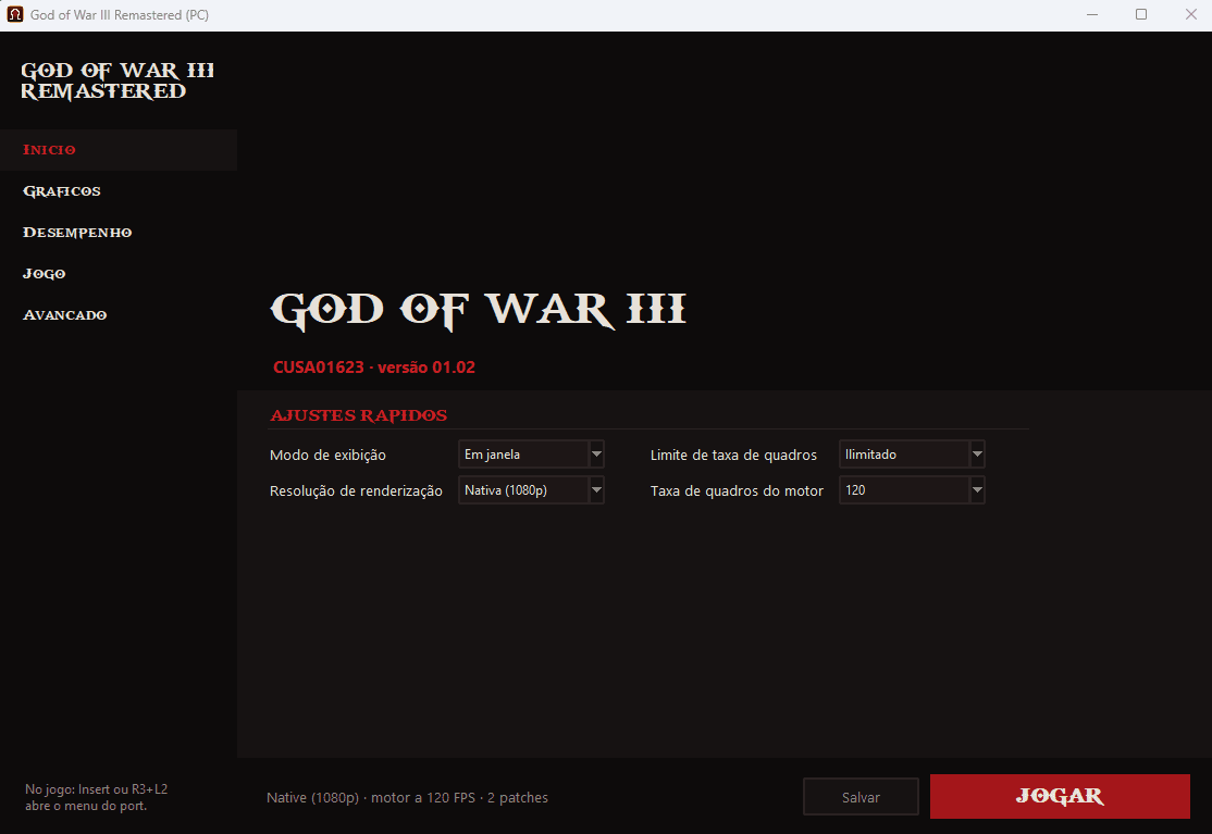 The launcher's Home page, with quick settings for display mode, resolution, frame rate limit and engine frame rate, and the Play button