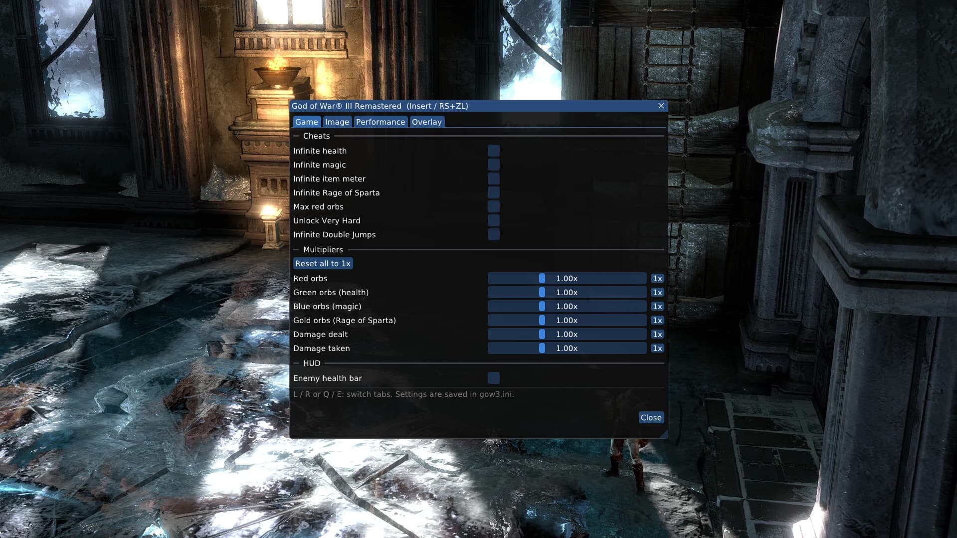 The port menu open during play, Game tab, with cheats and multipliers